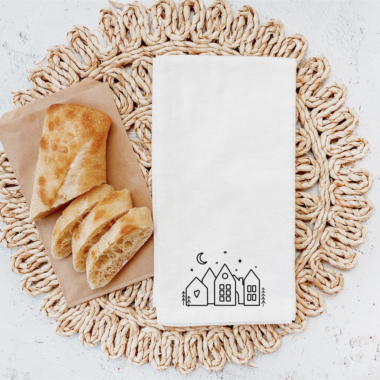 Geschirrtuch mit Aufdruck: Stadtsilhouette mit Nachthimmel, #Weihnachten