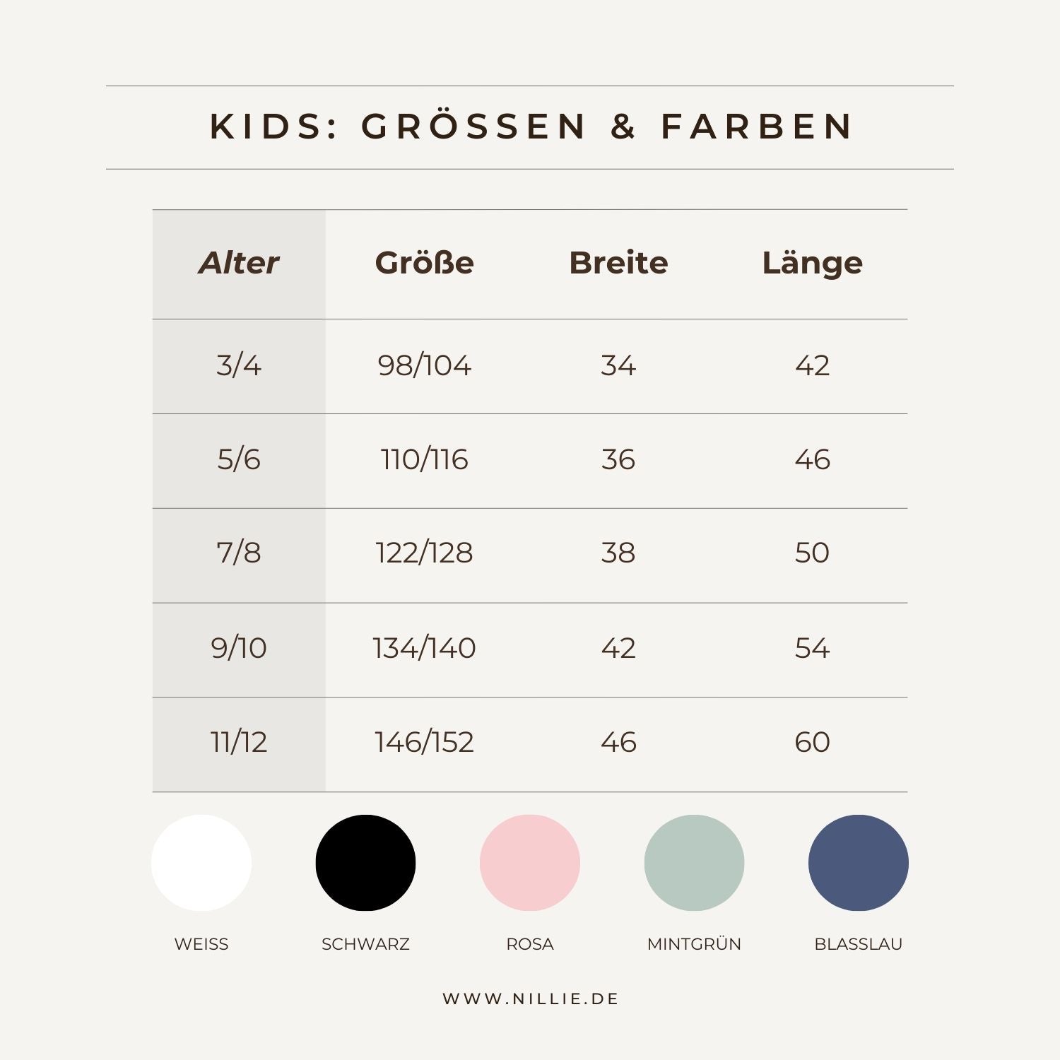 Grafik: Größentabelle + Textilfarben (nillie Kinder-Shirts)
