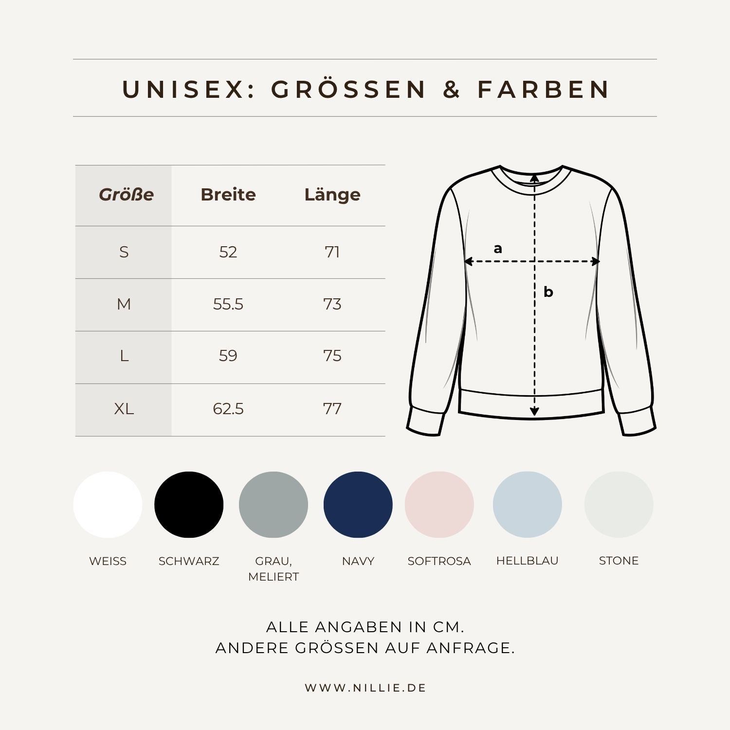 Grafik: Größentabelle + Textilfarben (nillie Sweater)