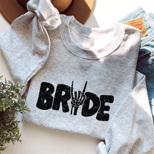 Braut-Sweater (grau-meliert) mit großen "BRIDE"-Aufdruck und Devil Horns/ Metal Sign