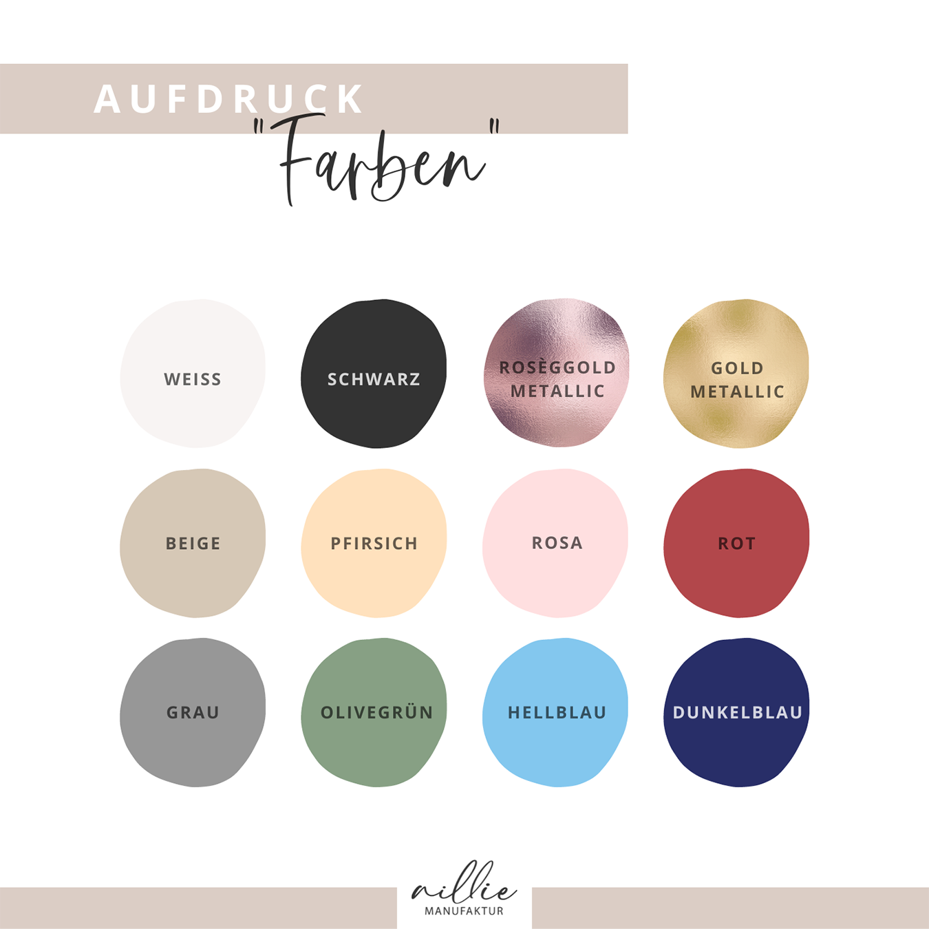 Grafik: 12er Farbauswahl für Aufdruck und Schriftfarben (nillie Manufaktur)