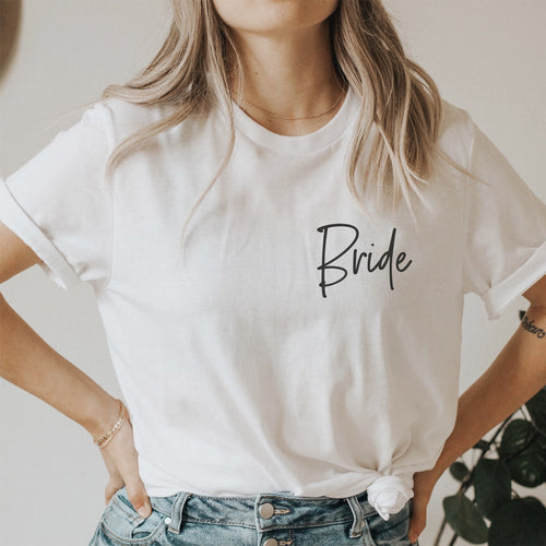 Braut-Shirt "Bride" (weiß, Shirt-Design #10) für den JGA