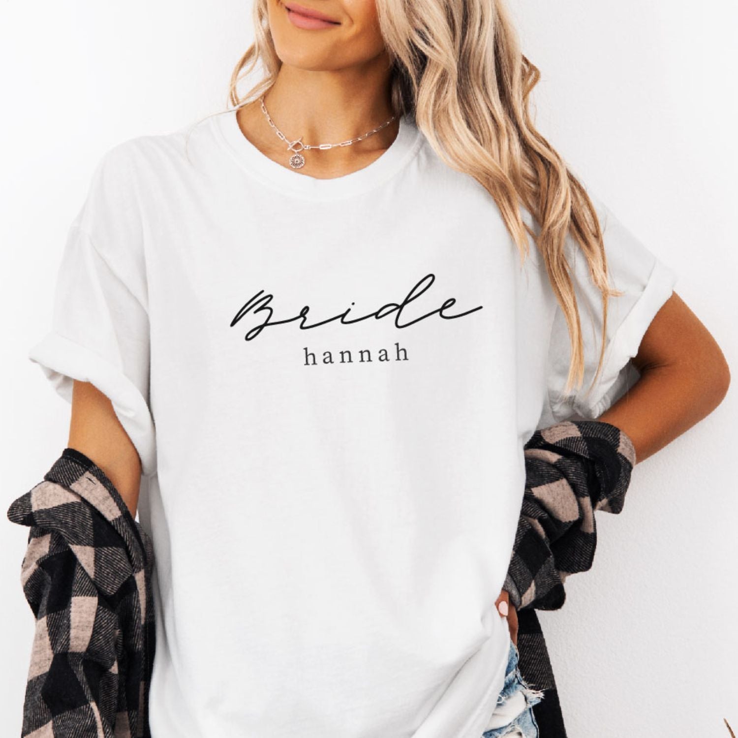 Braut T-Shirt "Bride" (weiß), personalisiert mit Name