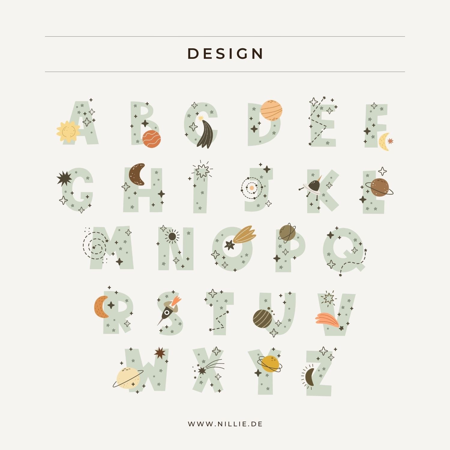 Grafik mit Farb- und Designauswahl (Initialen für nillie Kinderschürzen), #Space & Raumfahrt