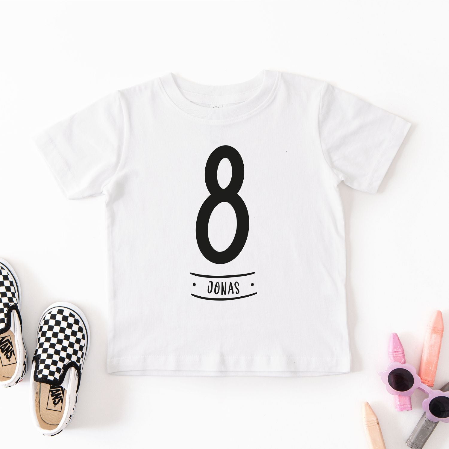 weißes Geburtstag T-Shirt (Kind), mit Altersangabe und Name