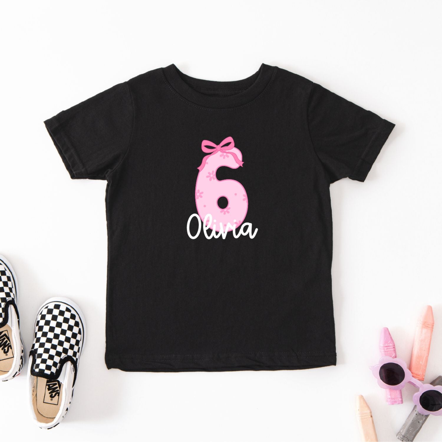 Geburtstagsshirt (schwarz) für Mädchen  mit Name und rosa Geburtstagszahl (6)