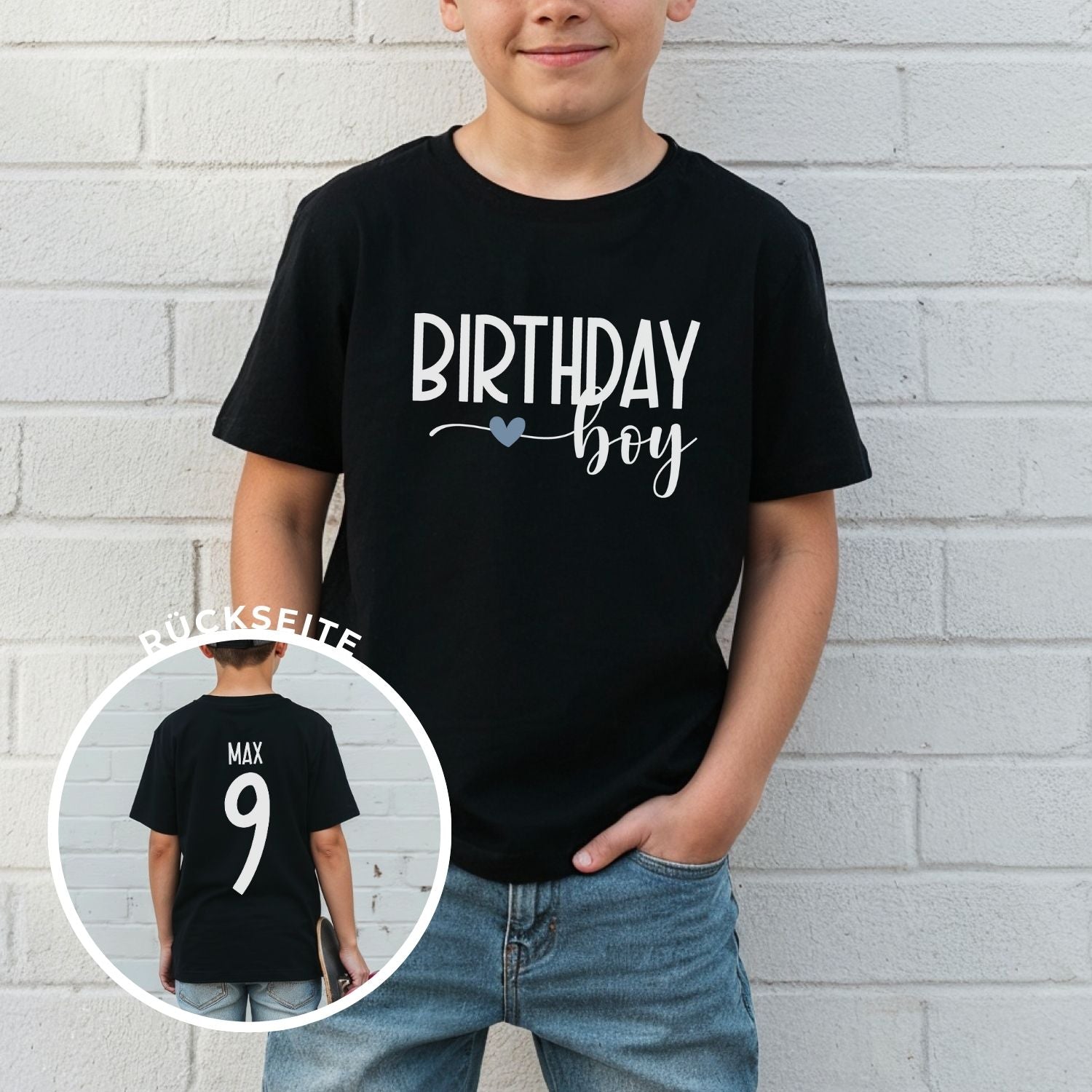 Geburtstagsshirt für Junge "BIRTHDAY boy", personalisiert mit Geburtstagszahl und Name im Trikot-Style