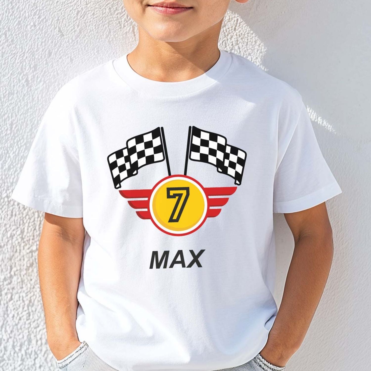 Geburtstagsshirt (weiß), mit Name + Alter zum Thema Motorsport