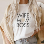 Mama T-Shirt "Wife. Mom. Boss", weiß (Geschenk Muttertag)