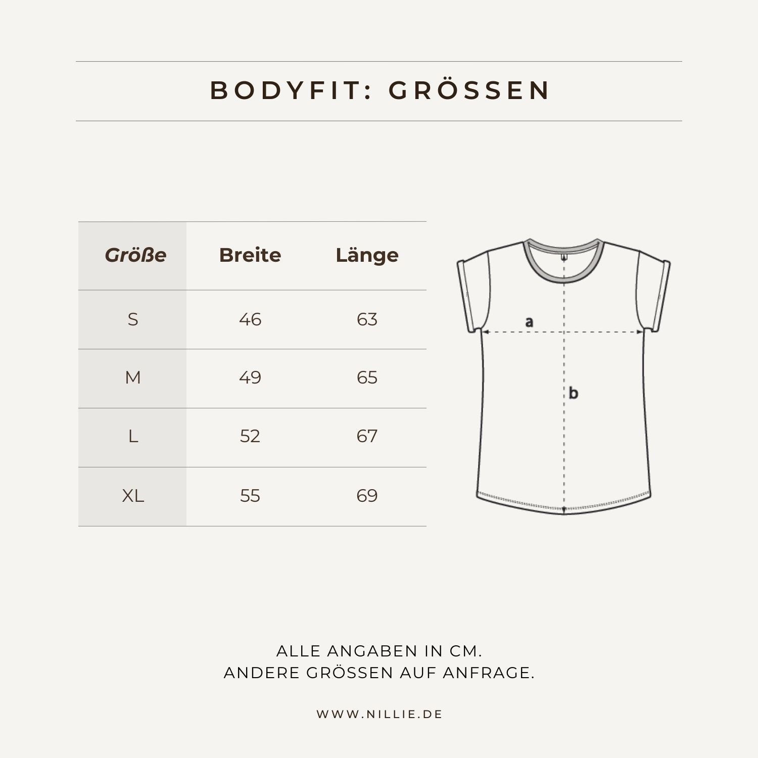Grafik: Größentabelle Bodyfit (nillie Damen-Shirts)