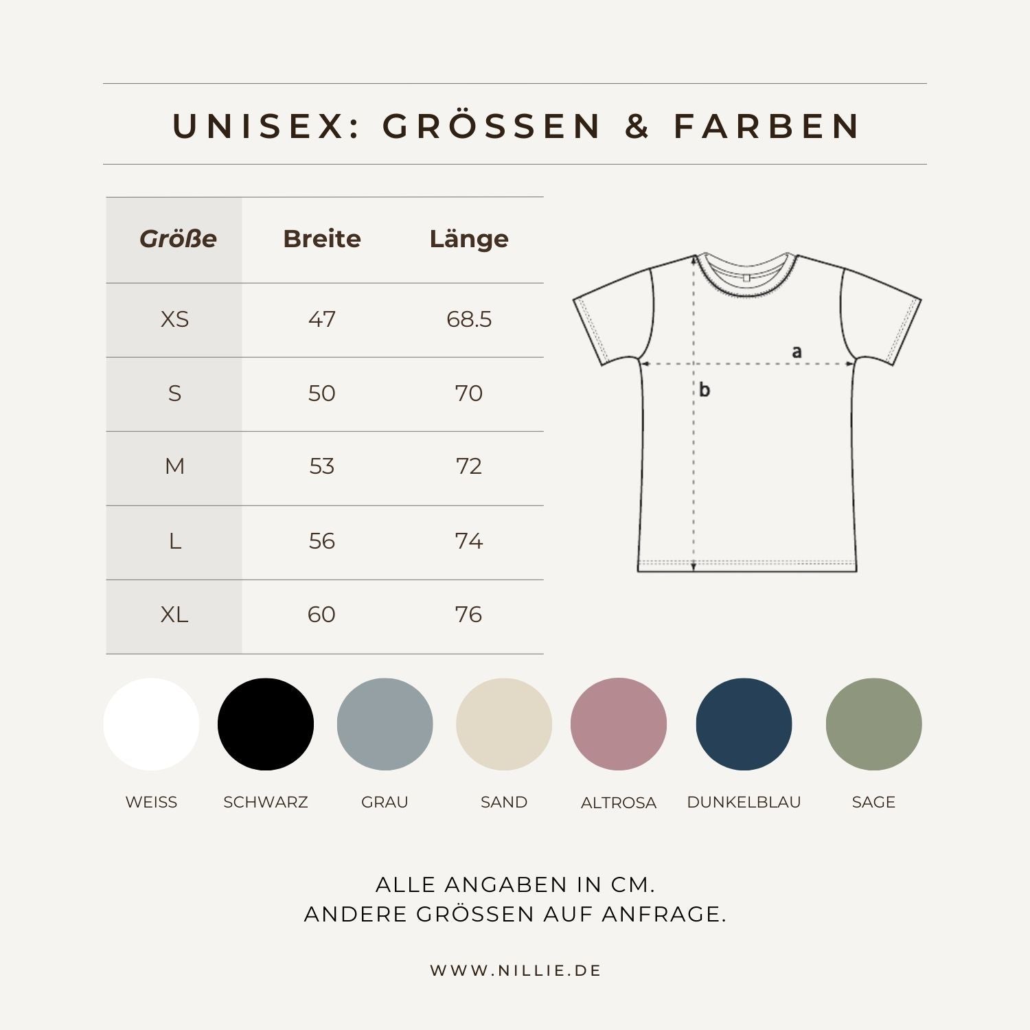 Grafik: Größentabelle + Textilfarben (nillie T-Shirts)