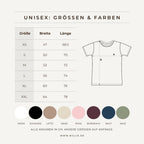 Grafik: Größentabelle + Textilfarben (nillie Unisex T-Shirts)