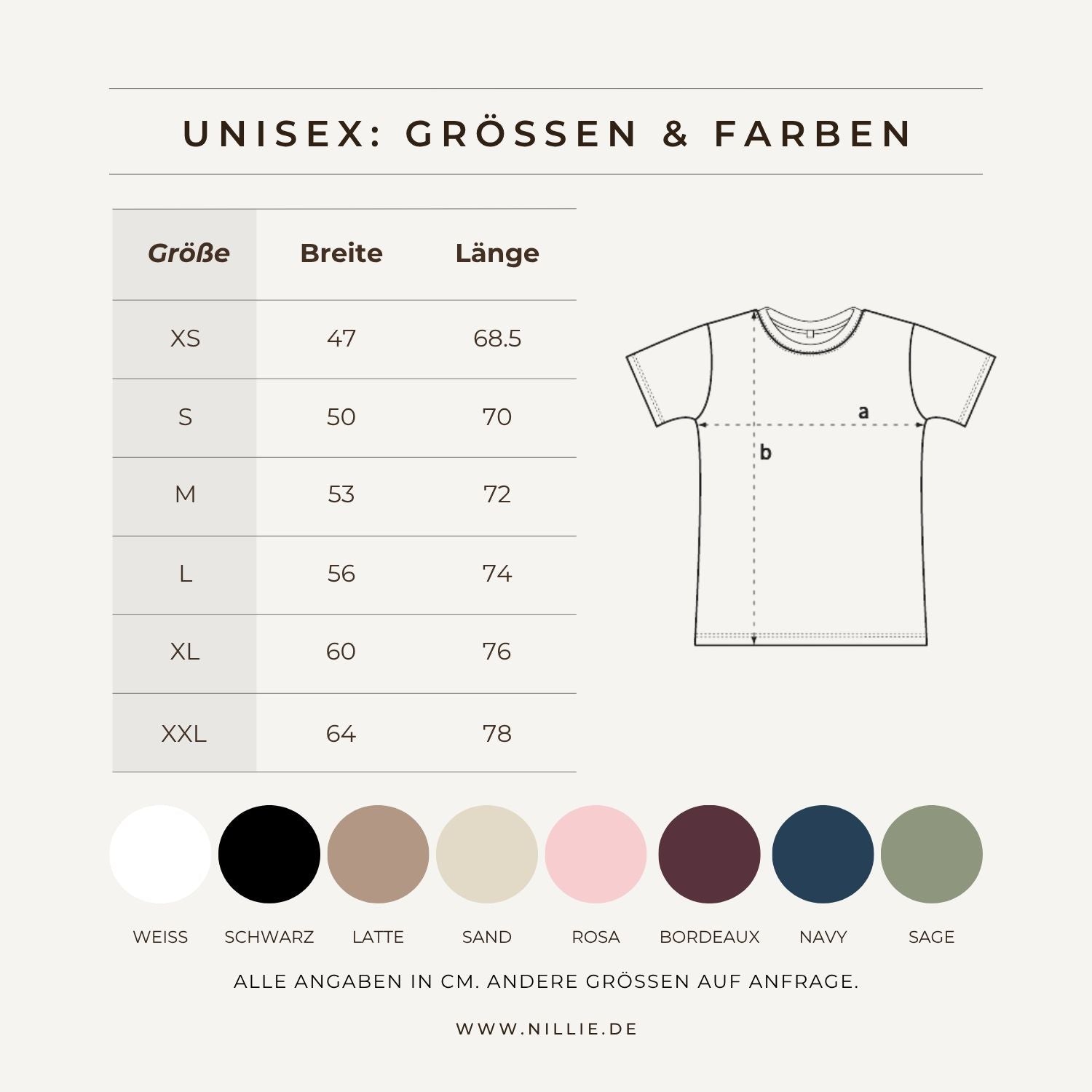 Grafik: Größentabelle + Textilfarben (nillie Unisex T-Shirts)
