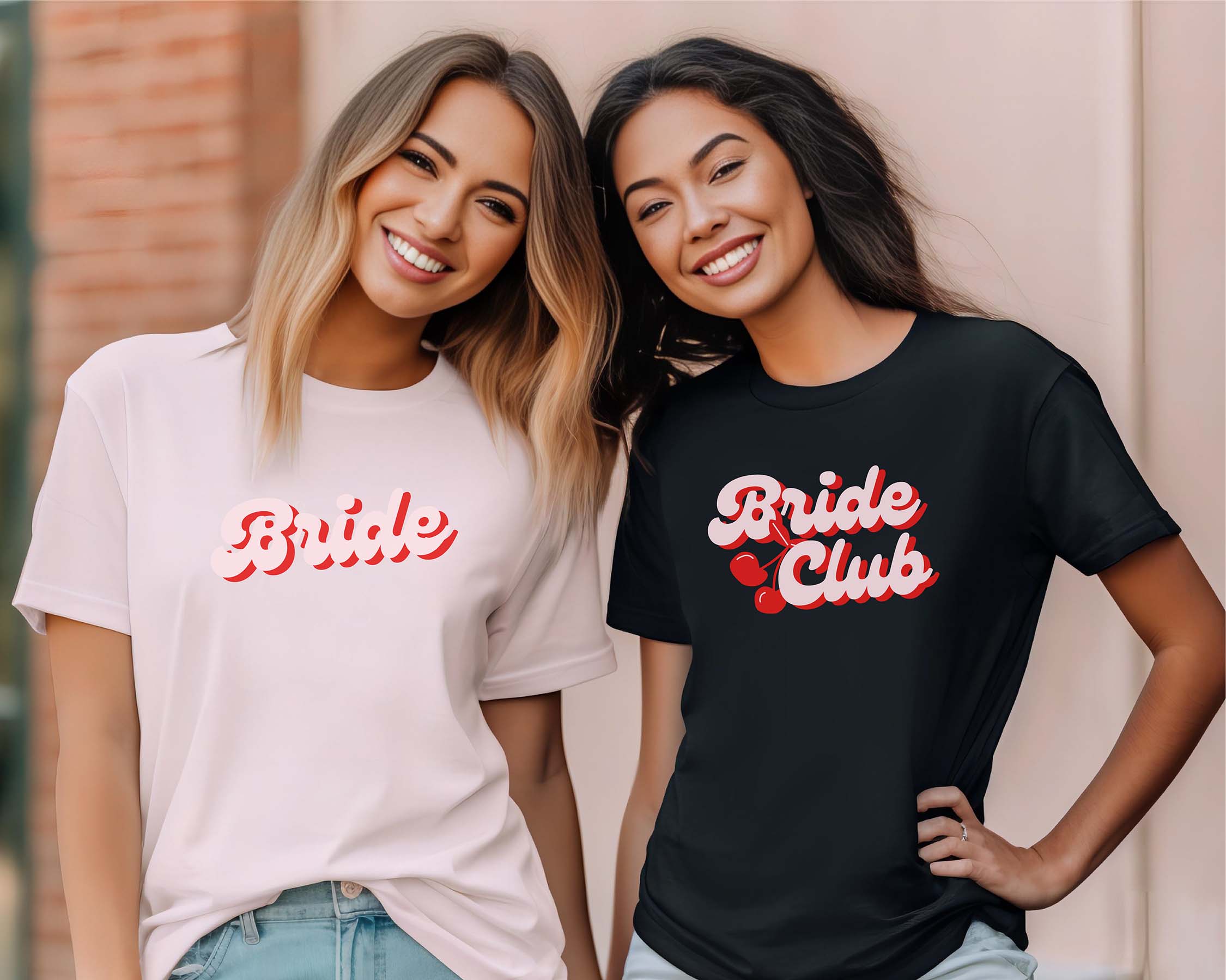 JGA-Shirts mit großem rosaroten "Bride" und "Bride Club" Vintage-Aufdruck