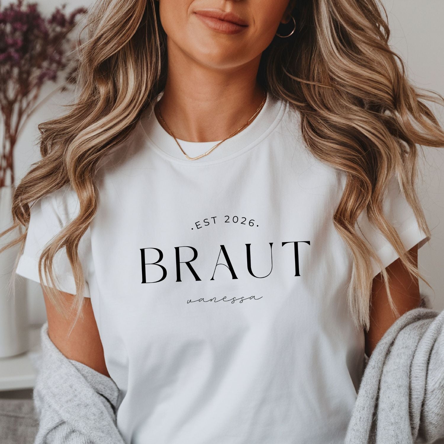 T-Shirt "Braut" (personalisiert mit Name und Jahresangabe), #Junggesellinnenabschied
