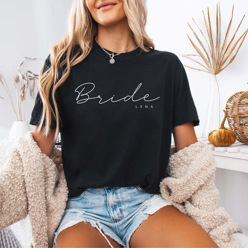 JGA T-Shirt "Bride" (schwarz, personalisiert mit Name der Braut)