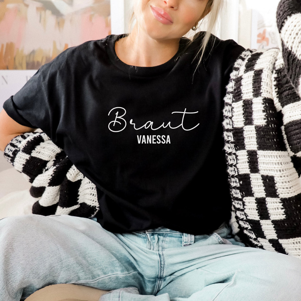 JGA T-Shirt "Braut" (schwarz, personalisiert mit Name der Braut)