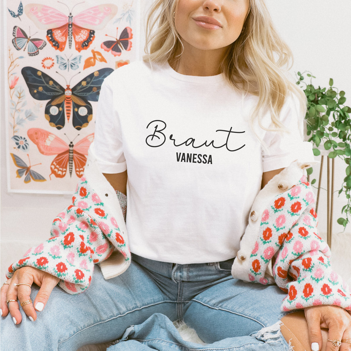 JGA T-Shirt "Braut" (weiß, personalisiert mit Name der Braut)