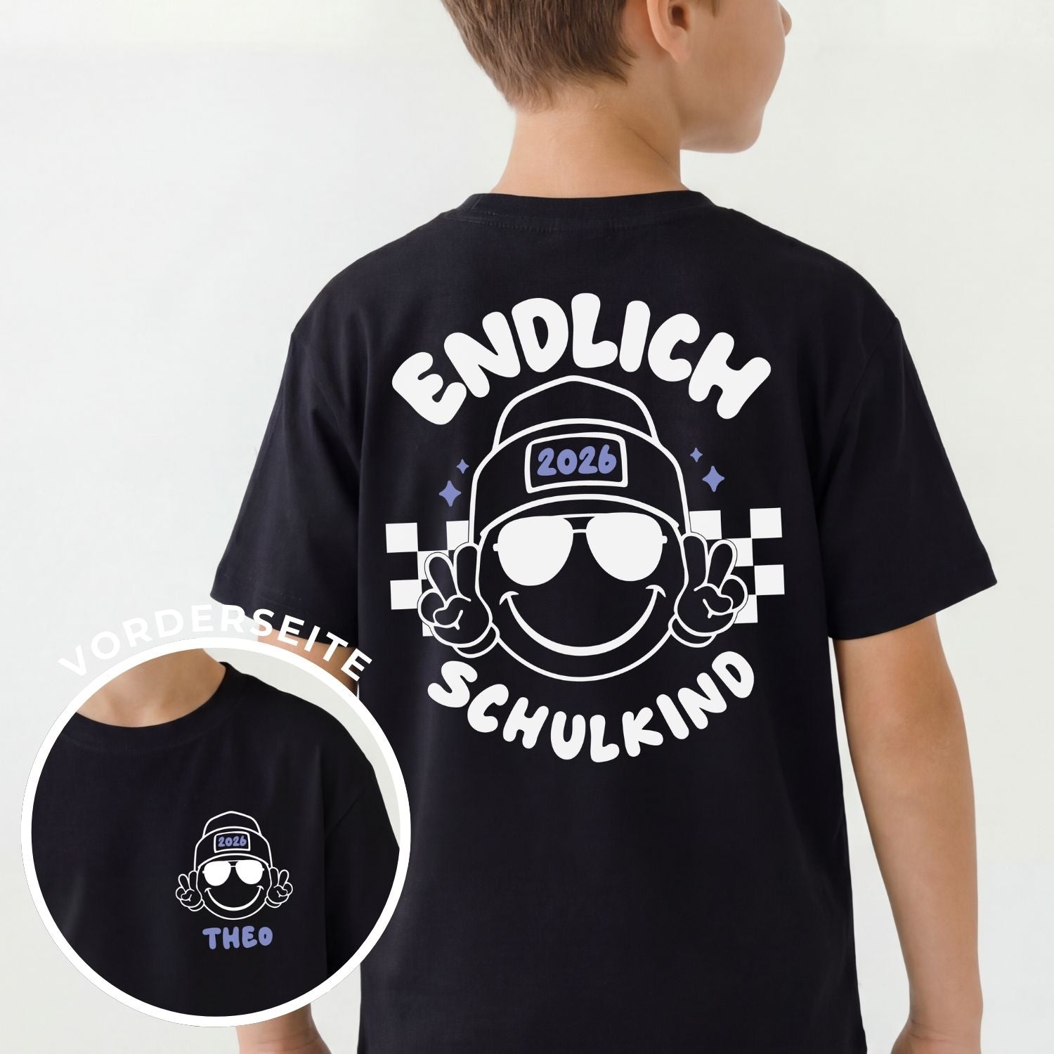Kinder T-Shirt (schwarz) "Endlich Schulkind" {personalisiert} + coolen Smiley mit Beanie und Sonnenbrille