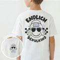 Kinder T-Shirt (weiß) "Endlich Schulkind" {mit Name + Jahr} + coolen Smiley mit Beanie und Sonnenbrille