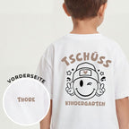 Kinder T-Shirt (weiß); Rückseite: "Tschüß Kindergarten" + coolen Smiley mit Beanie und Sonnenbrille, Vorderseite: mit Name