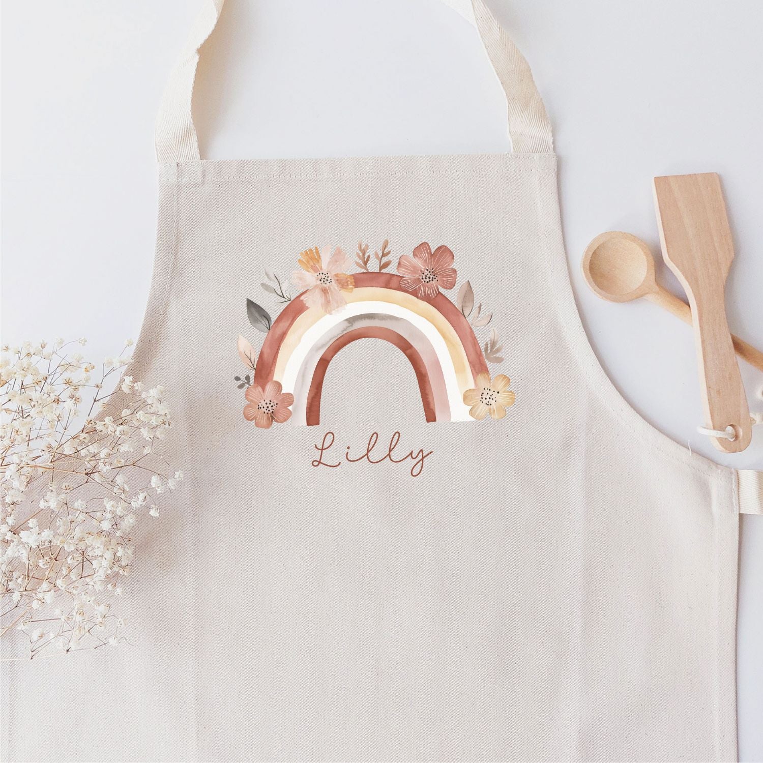 Kinderschürze (personalisiert mit Name) mit Regenbogen & Blumen, Design No. 10