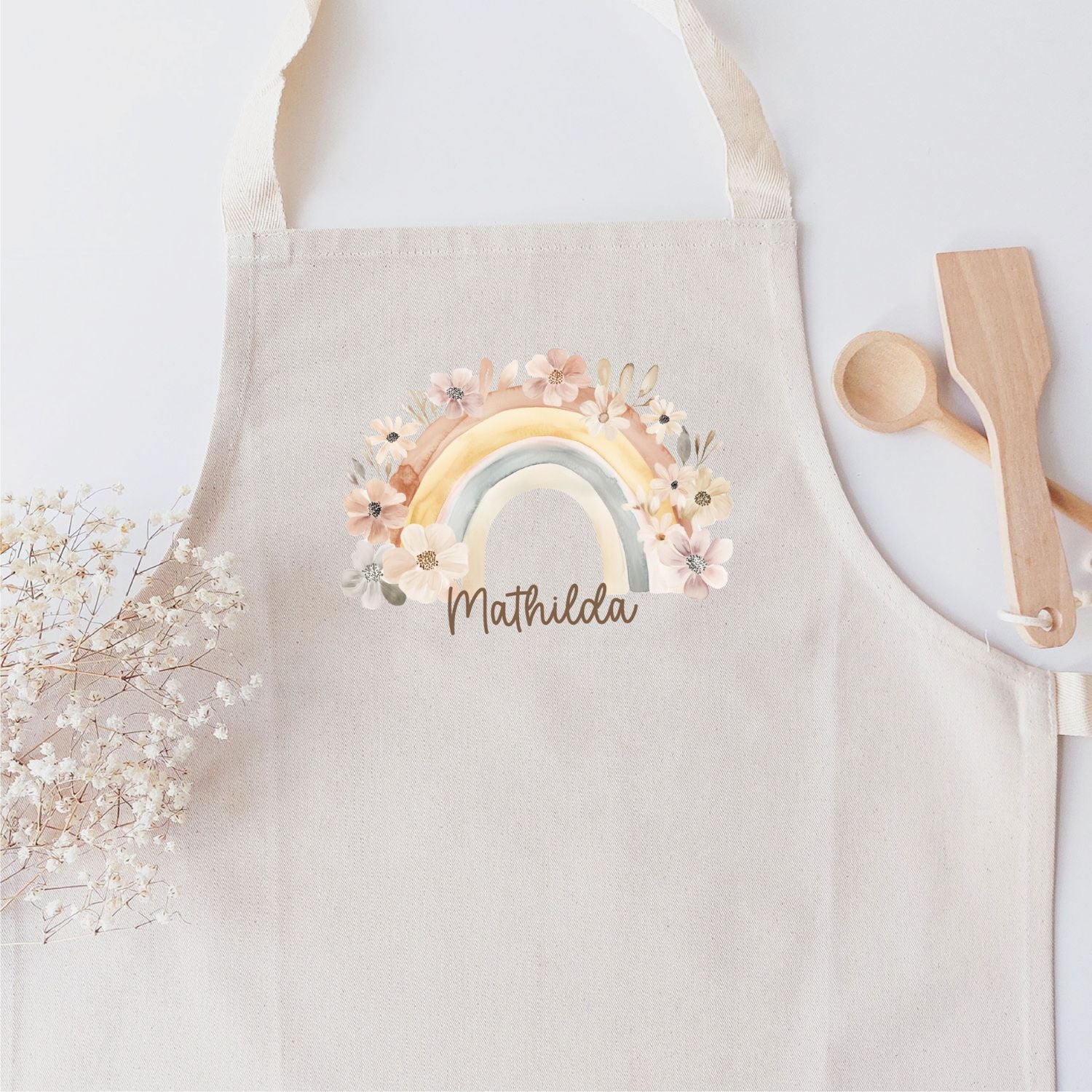 Kinderschürze (personalisiert mit Name) mit Pastell-Regenbogen und Blumen, Design No. 11
