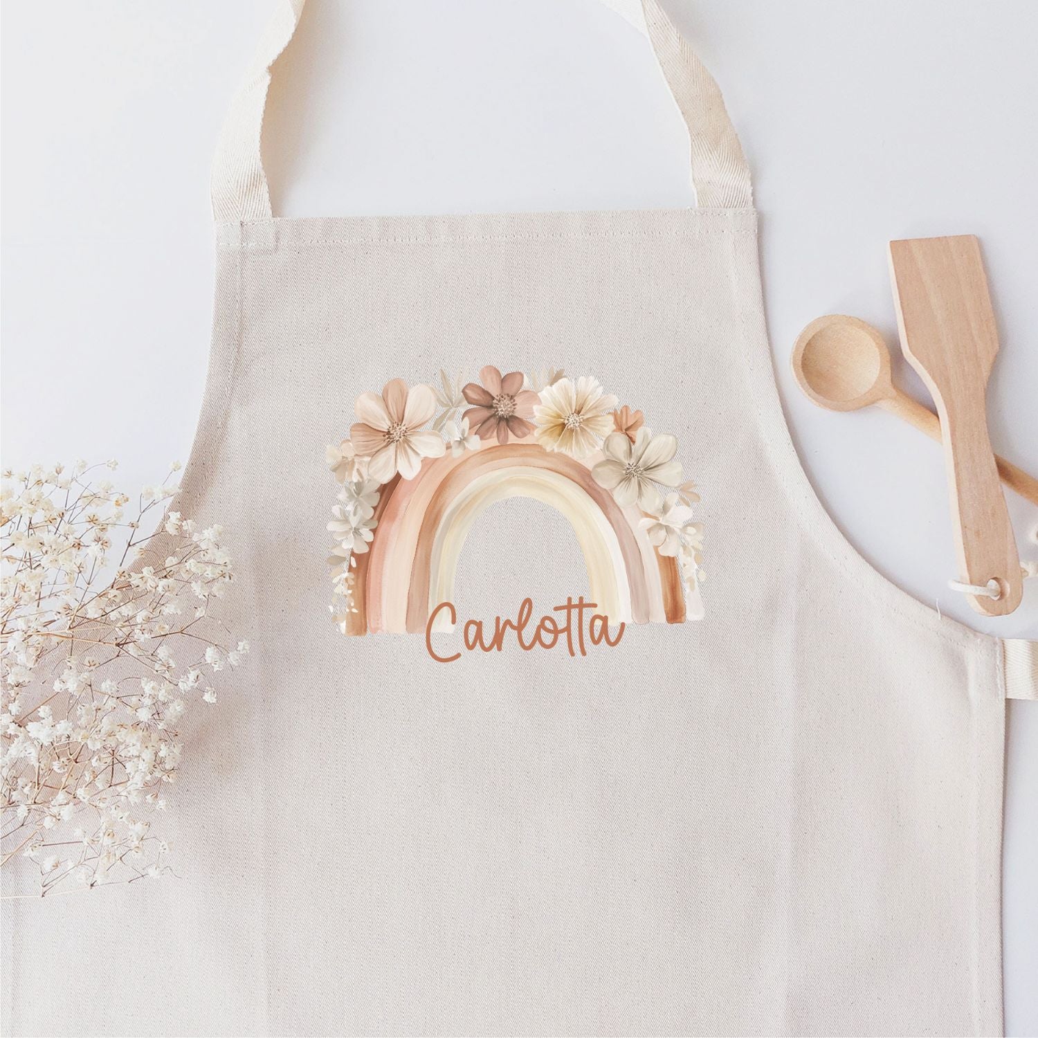 Kinderschürze (personalisiert mit Name) mit Pastell-Regenbogen und Blumen, Design No. 9