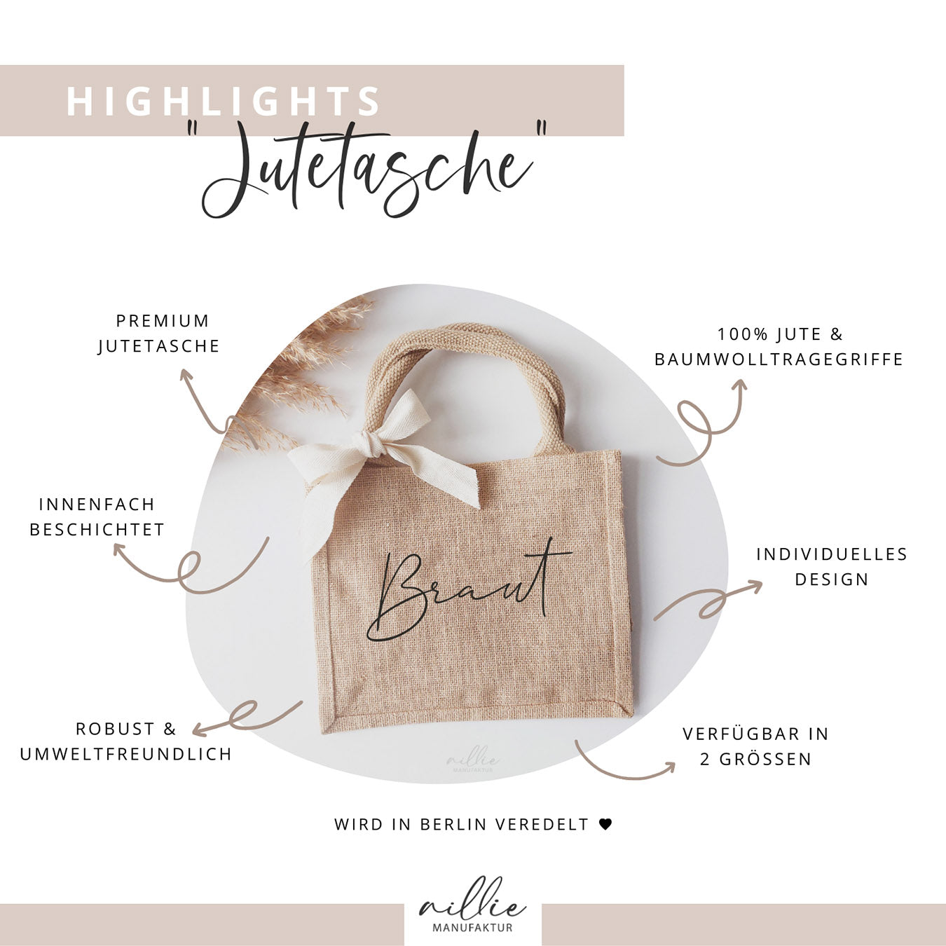 Grafik: Produkteigenschaften (Braut-Jutetaschen)