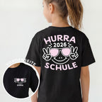 Schulkind T-Shirt "HURRA SCHULE 😎" mit Name + Jahr {beidseitiger Aufdruck}