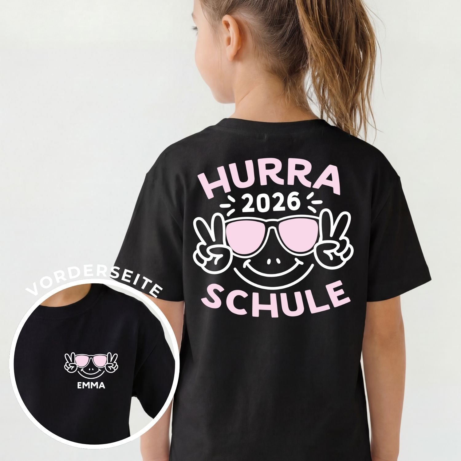 Schulkind T-Shirt "HURRA SCHULE 😎" mit Name + Jahr {beidseitiger Aufdruck}