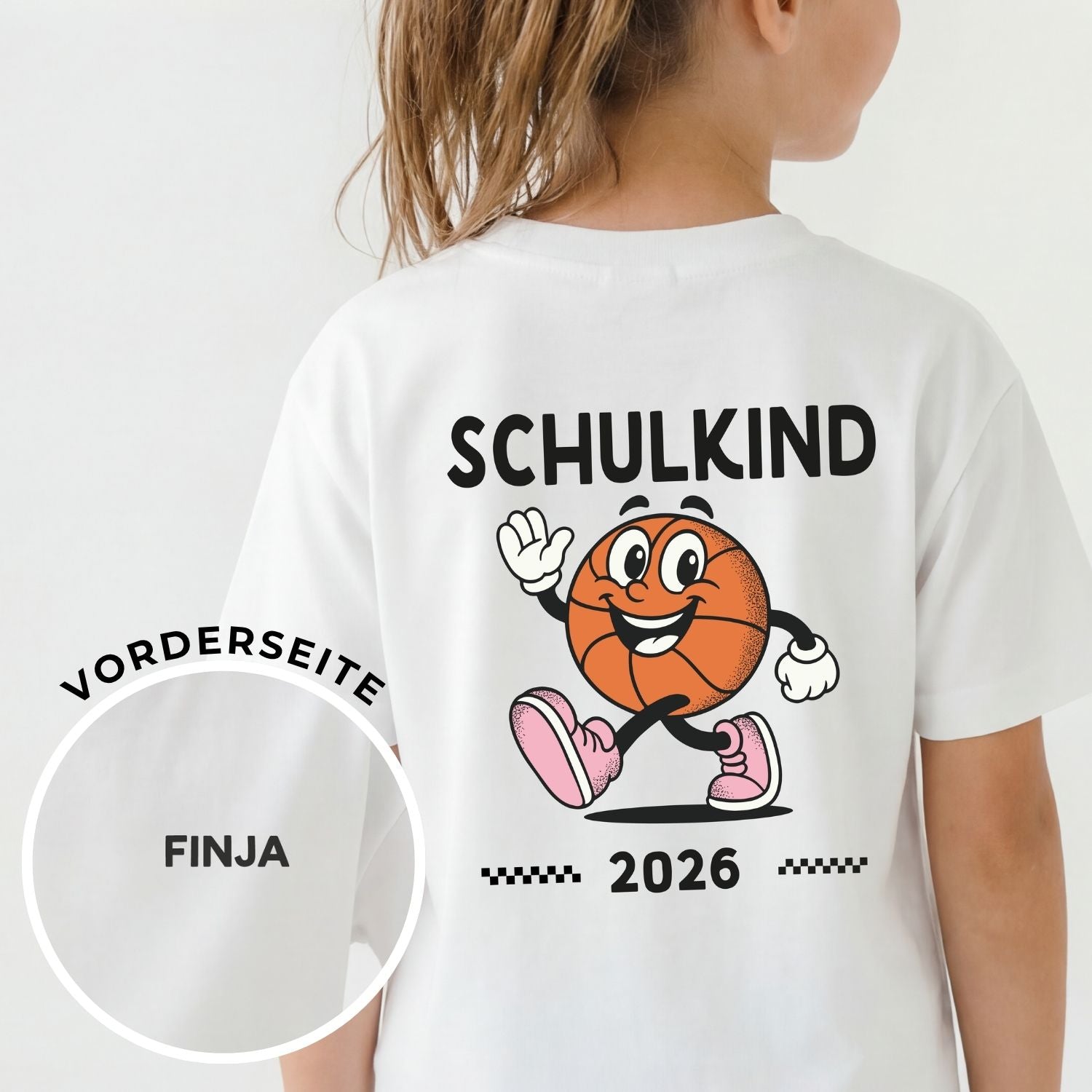 Schulkind T-Shirt (Mädchen) mit Name und Jahr (+ Basketball-Grafik im Comic-Style)