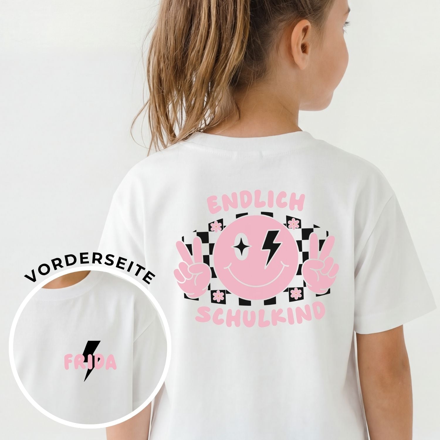 Kinder T-Shirt (weiß/pink) "ENDLICH SCHULKIND 😀" {mit Name} für Mädchen
