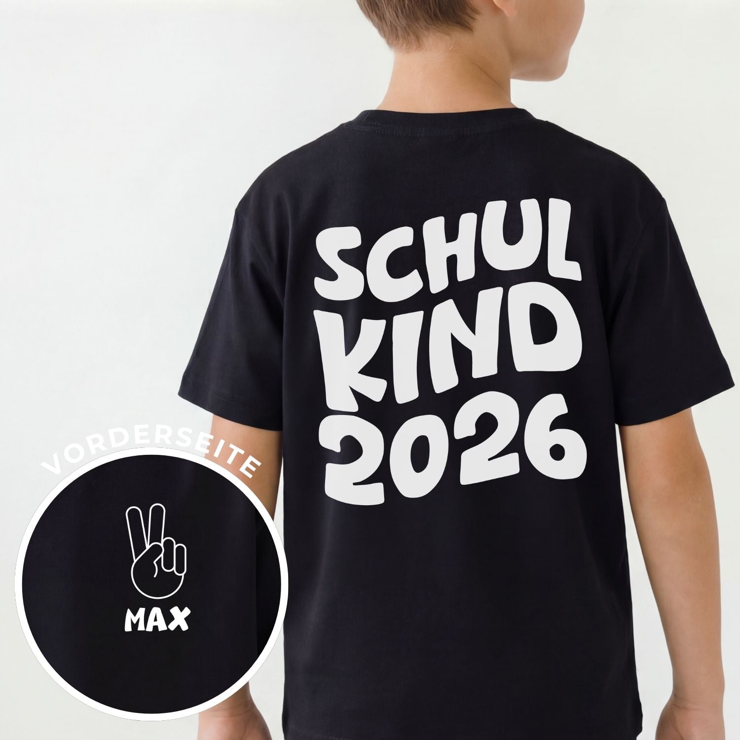 Schulkind T-Shirt mit großen modernen Rückenaufdruck  "SCHULKIND" + Jahresangabe; Front mit Name + ✌