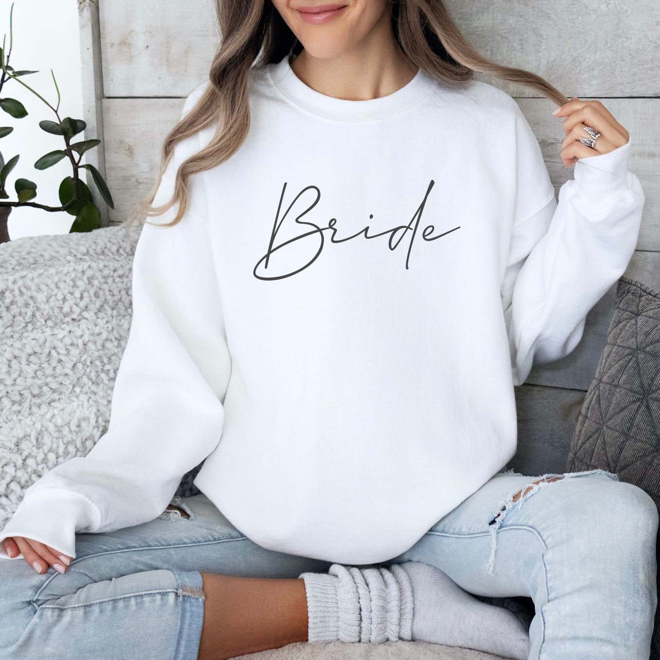 Braut-Pullover (weiß) mit filigranen "Bride"-Aufdruck