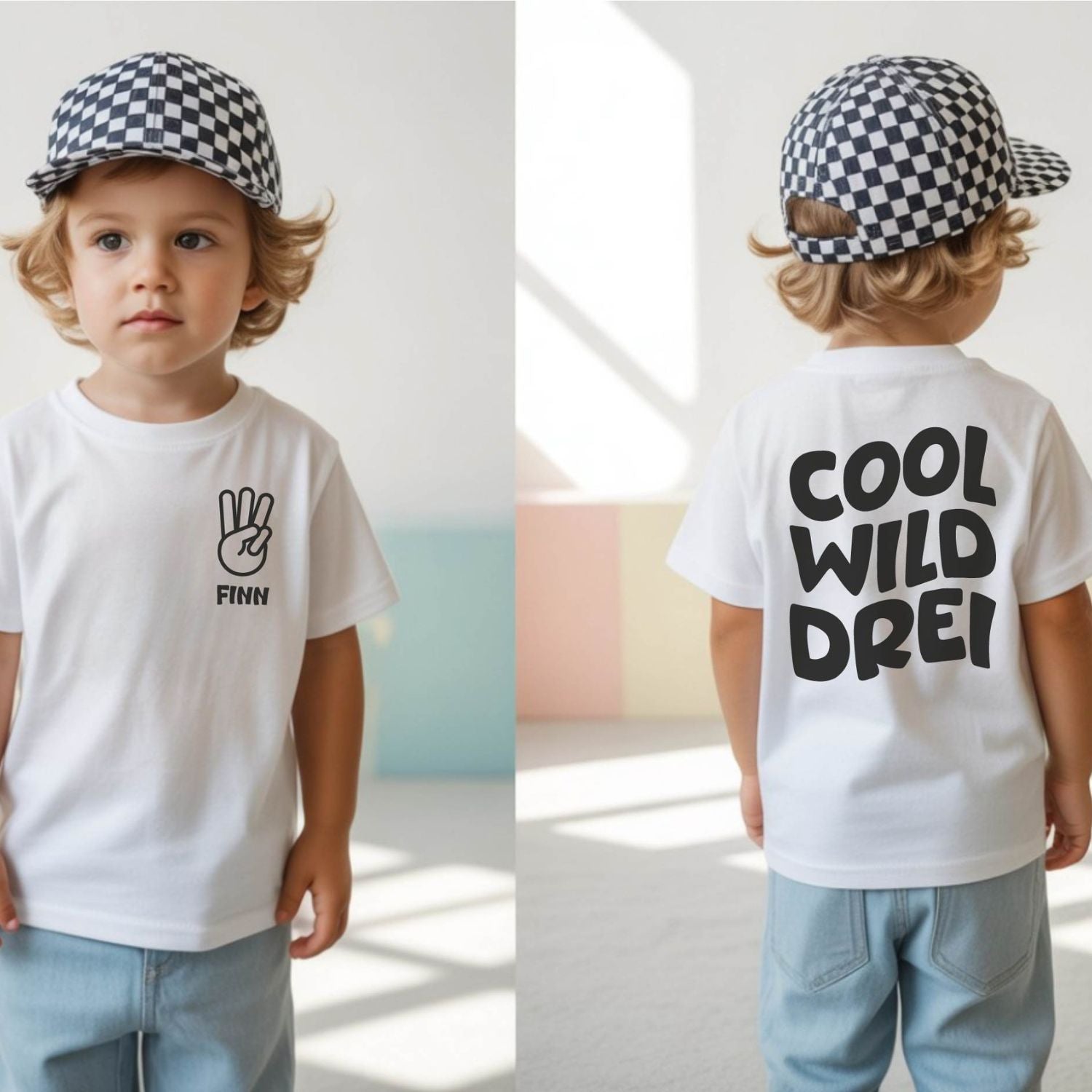 Geburtstagsshirt (Rücken: "COOL - WILD - DREI {Altersangabe änderbar}"; Front: Brustaufdruck mit Name + ✌)