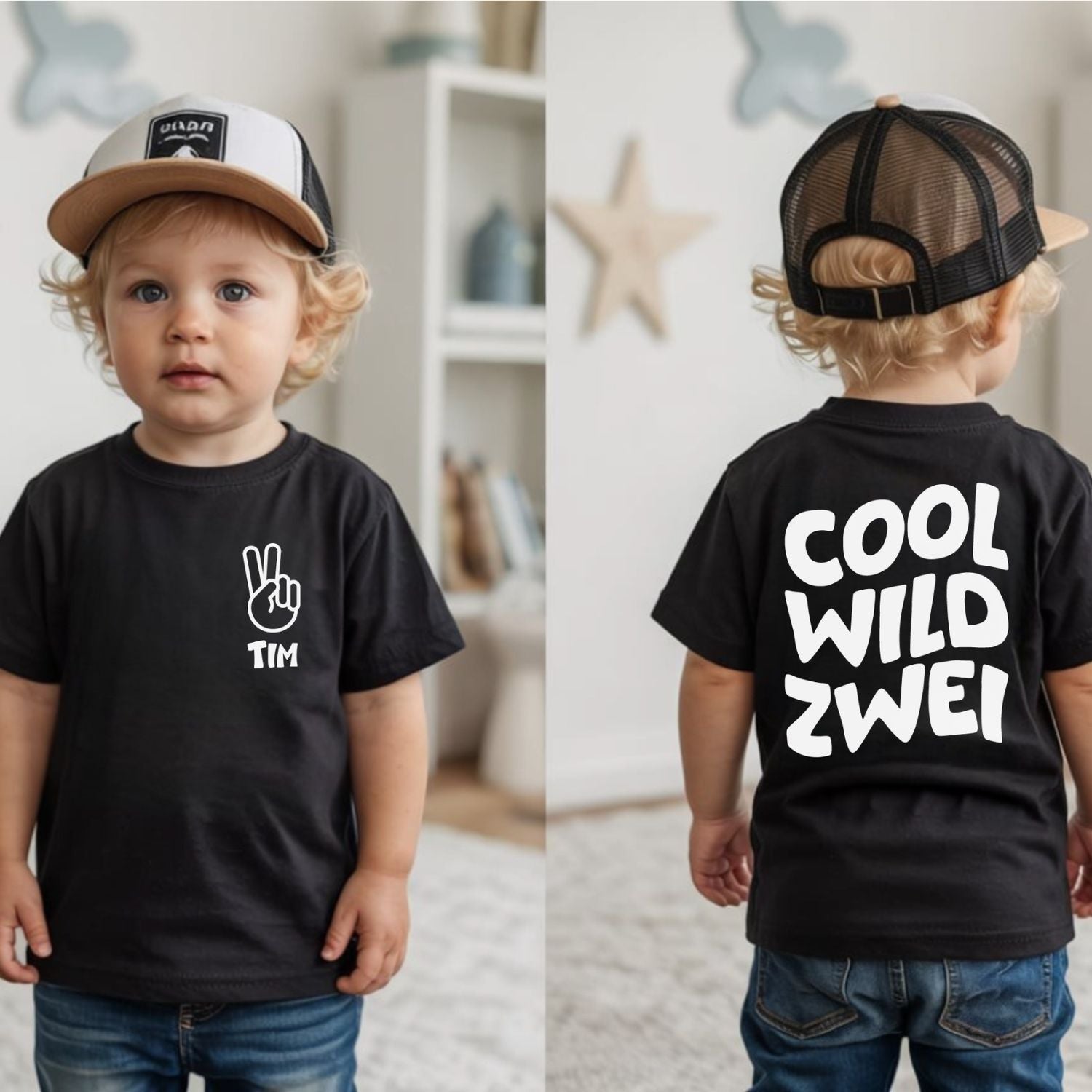 Geburtstagsshirt (Rücken: "COOL - WILD - Zwei {Altersangabe änderbar}"; Front: Brustaufdruck mit Name + ✌)
