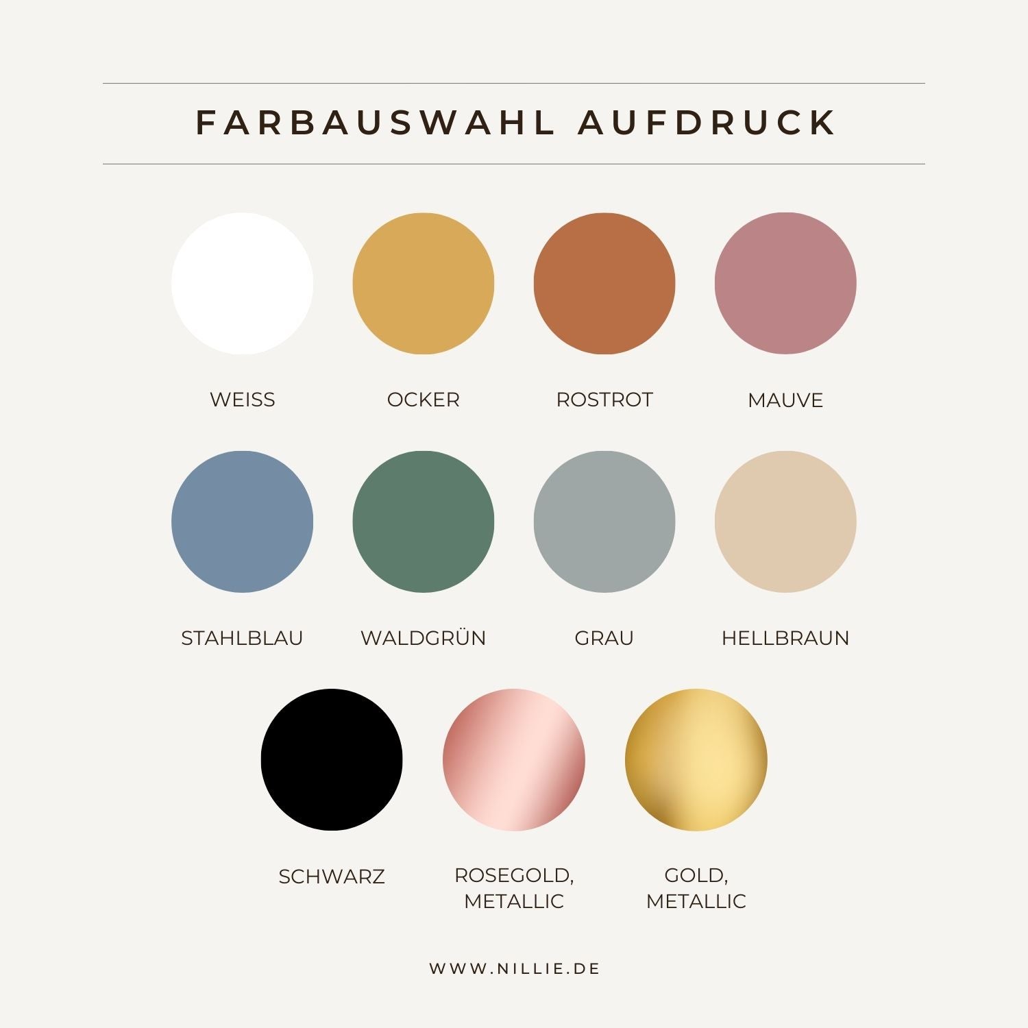 Grafik: 11er Farbauswahl (mit Metallic-Farben) für Aufdruck und Schriftfarben (nillie T-Shirts)