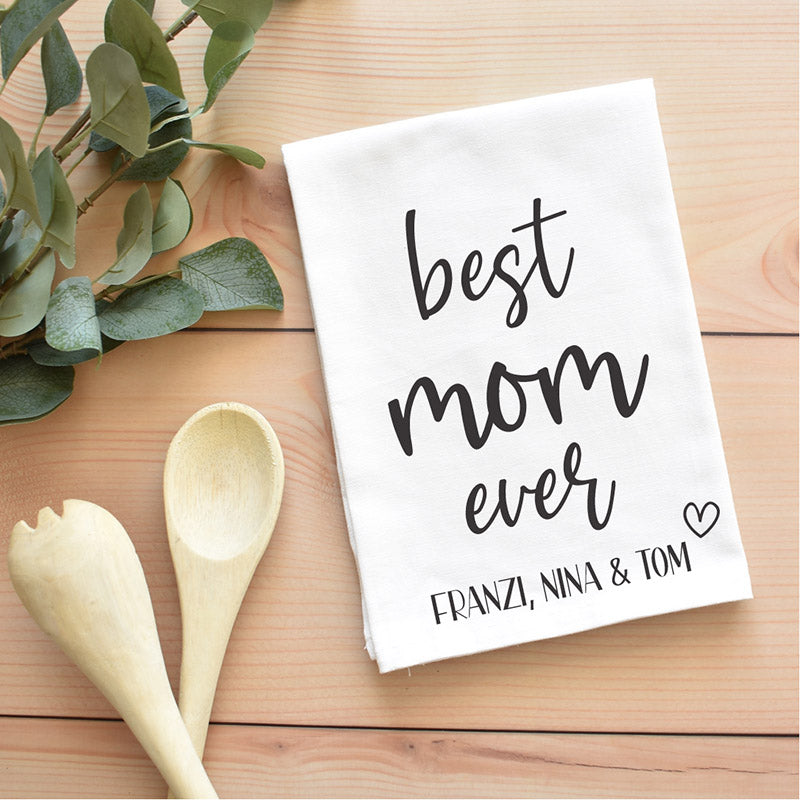 Geschenk Mama: Geschirrtuch "Best Mom Ever" mit Personalisierung (Namen der Kinder)