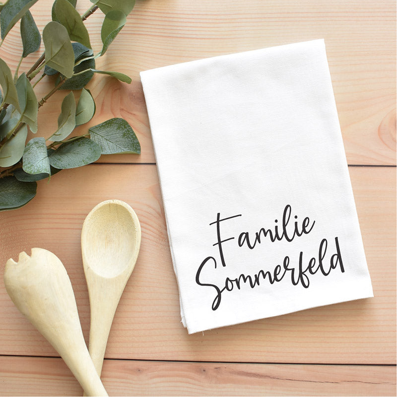 Personalisiertes Geschirrtuch mit Familienname als zu Weihnachten oder zum Hochzeitstag