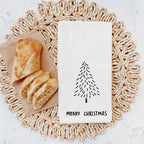Weißes Geschirrtuch mit schwarzer Tannenbaum-Grafik und "MERRY CHRISTMAS" -Aufdruck