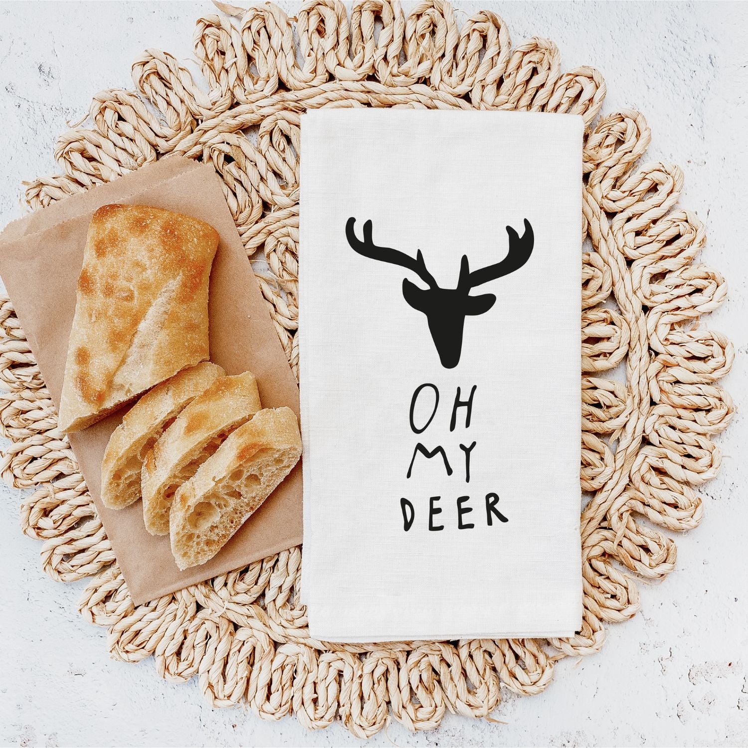 Weißes Geschirrtuch mit schwarzer Rentier-Grafik und 