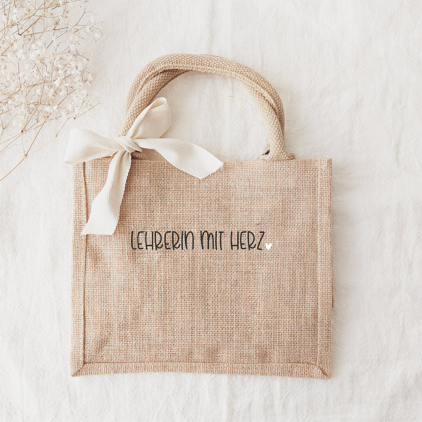 Jutetasche für Abschiedsgeschenk Lehrerin (Aufdruck: Lehrerin mit Herz)