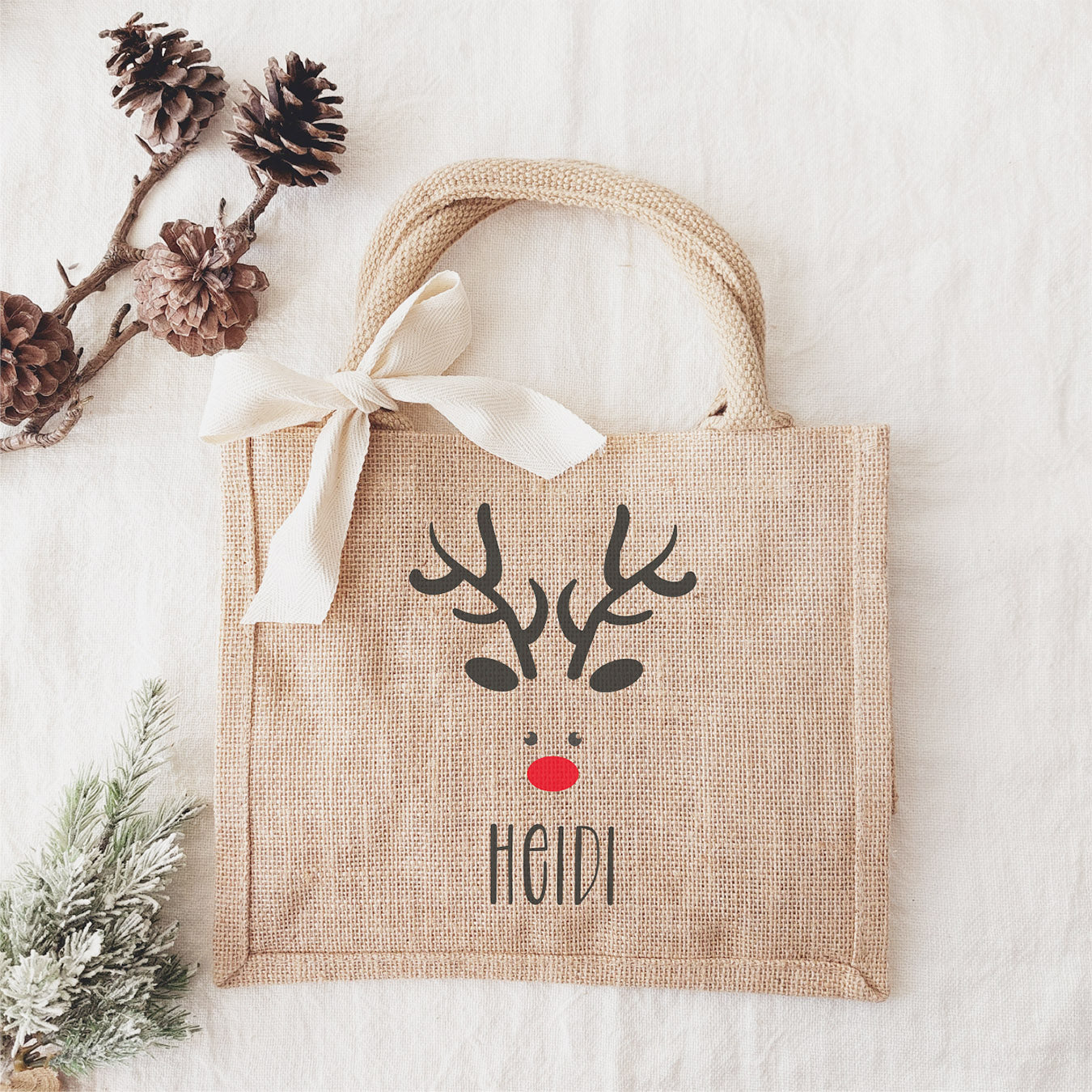 Jutetasche (personalisiert mit Name und Rentier-Grafik) für Weihnachtsgeschenke 