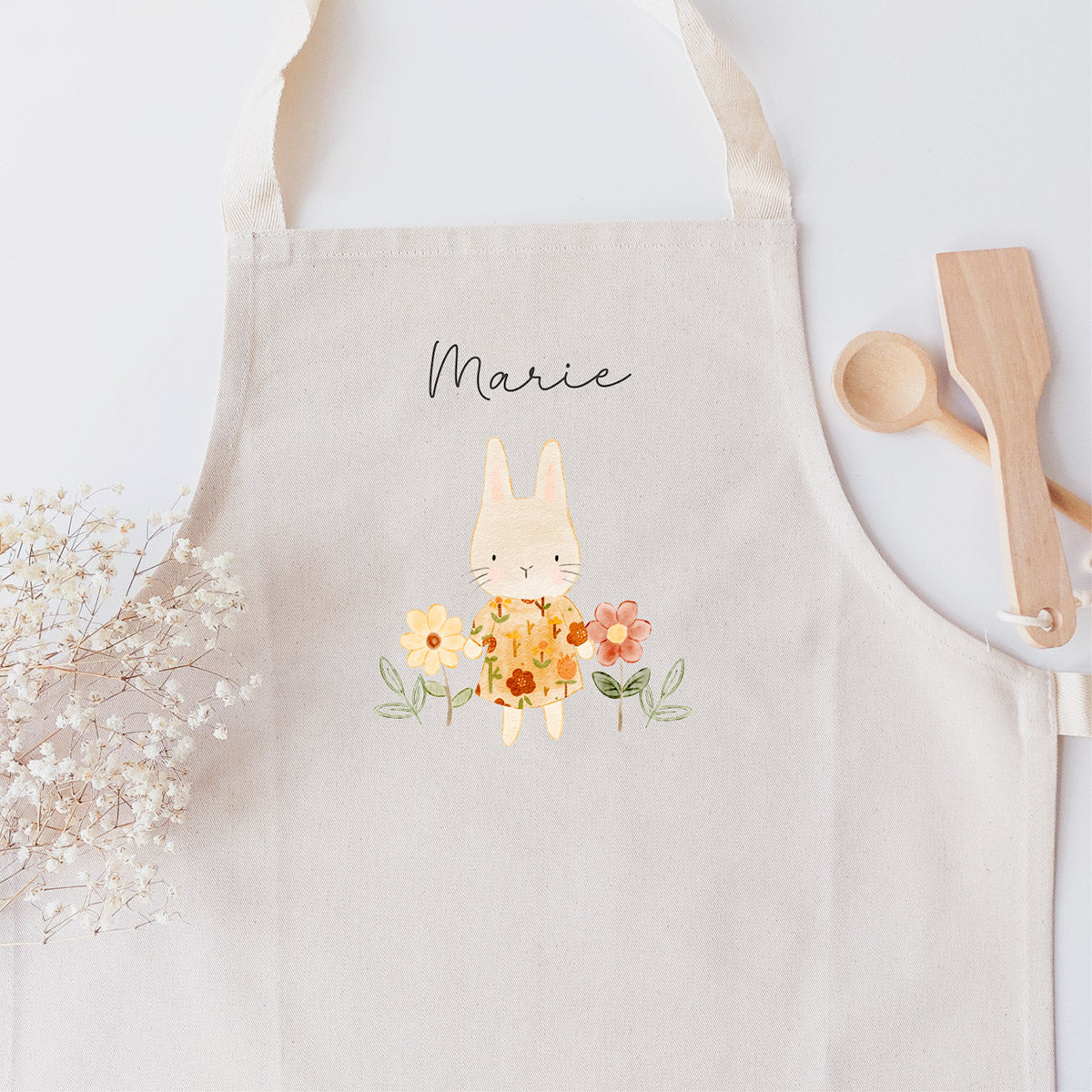 Kinderschürze (personalisiert mit Name) für Mädchen mit Häschen-Grafik