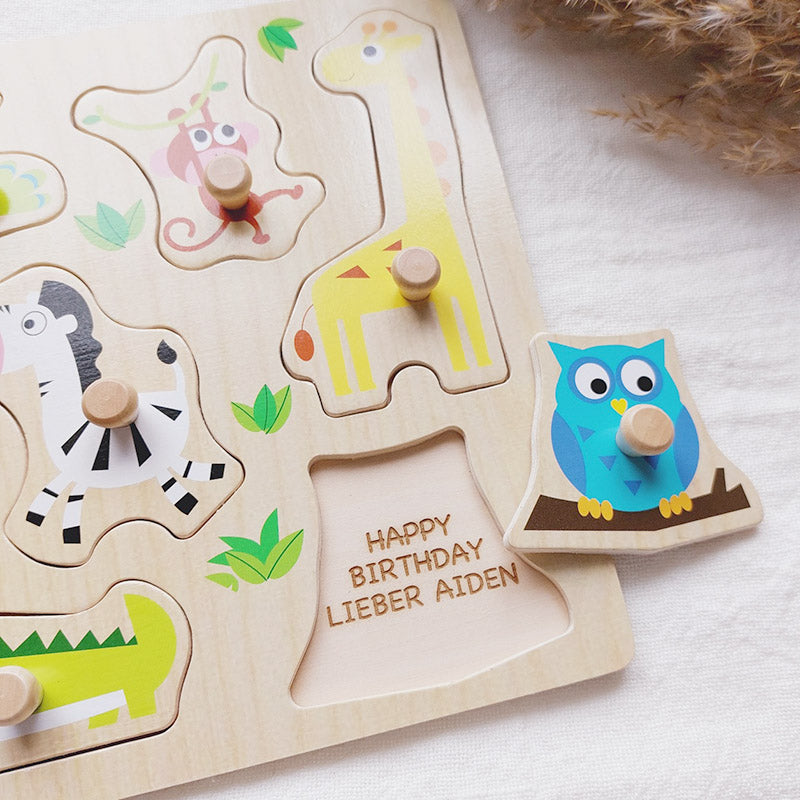 Steckpuzzle "Tierkinder" (personalisiert) aus Holz als Geschenk zum 2. Geburtstag
