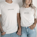T-Shirts für den Polterabend mit "BRIDE" bzw. "GROOM"-Aufdruck für Braut und Bräutigam