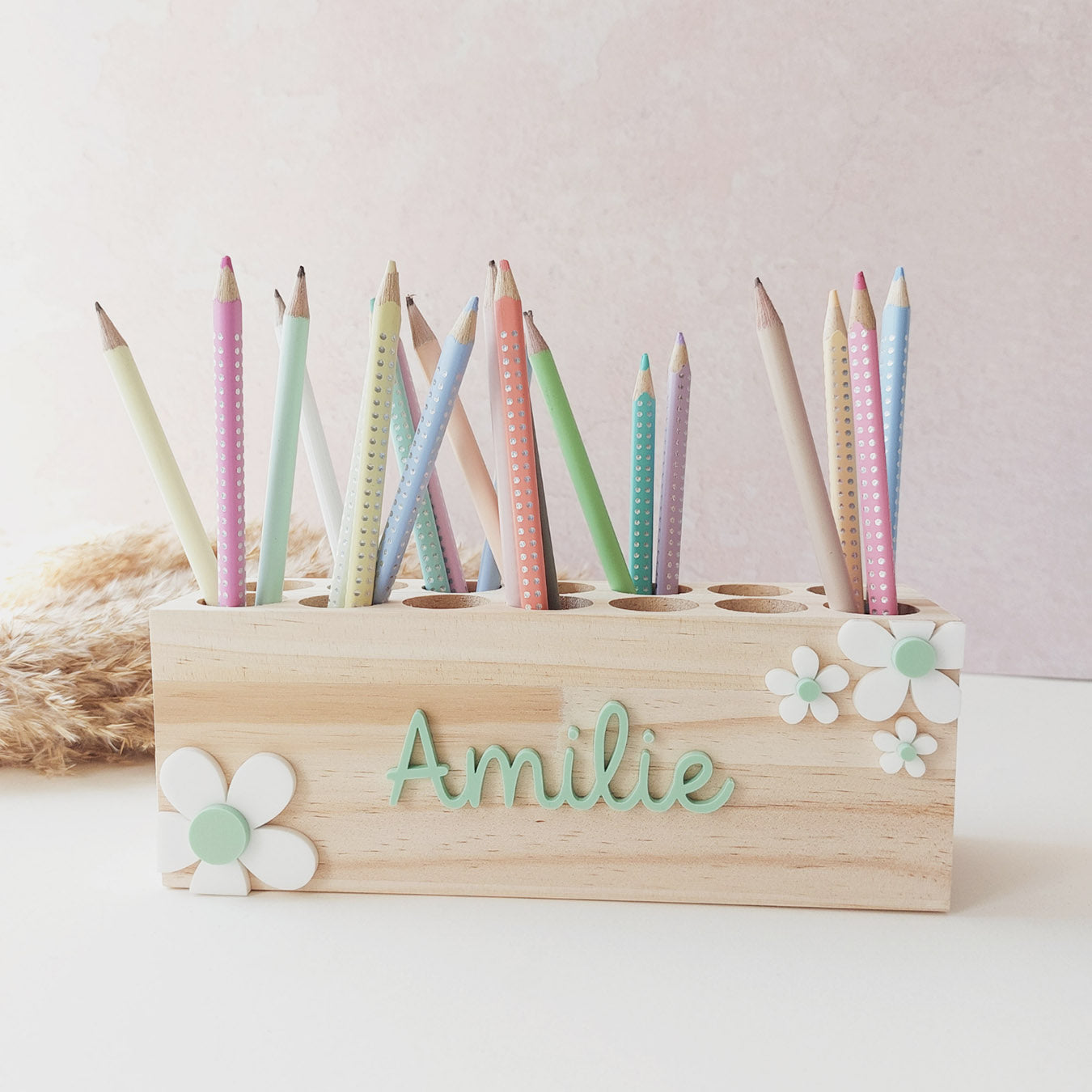 Geschenk Einschulung: Stiftehalter (personalisiert mit Name) mit Blumen
