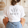 Braut-Shirt (weiß) für den JGA mit Rücken-Aufdruck: "BRAUT" + florales Design