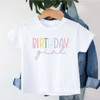 weißes Geburtstag T-Shirt "Birthday Girl" (bunter Aufdruck) für Mädchen